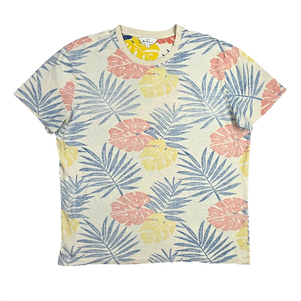 Ben Sherman Mens XL Tropical Palm Leaf Print Cotton T-Shirt Cream Blue Yellow